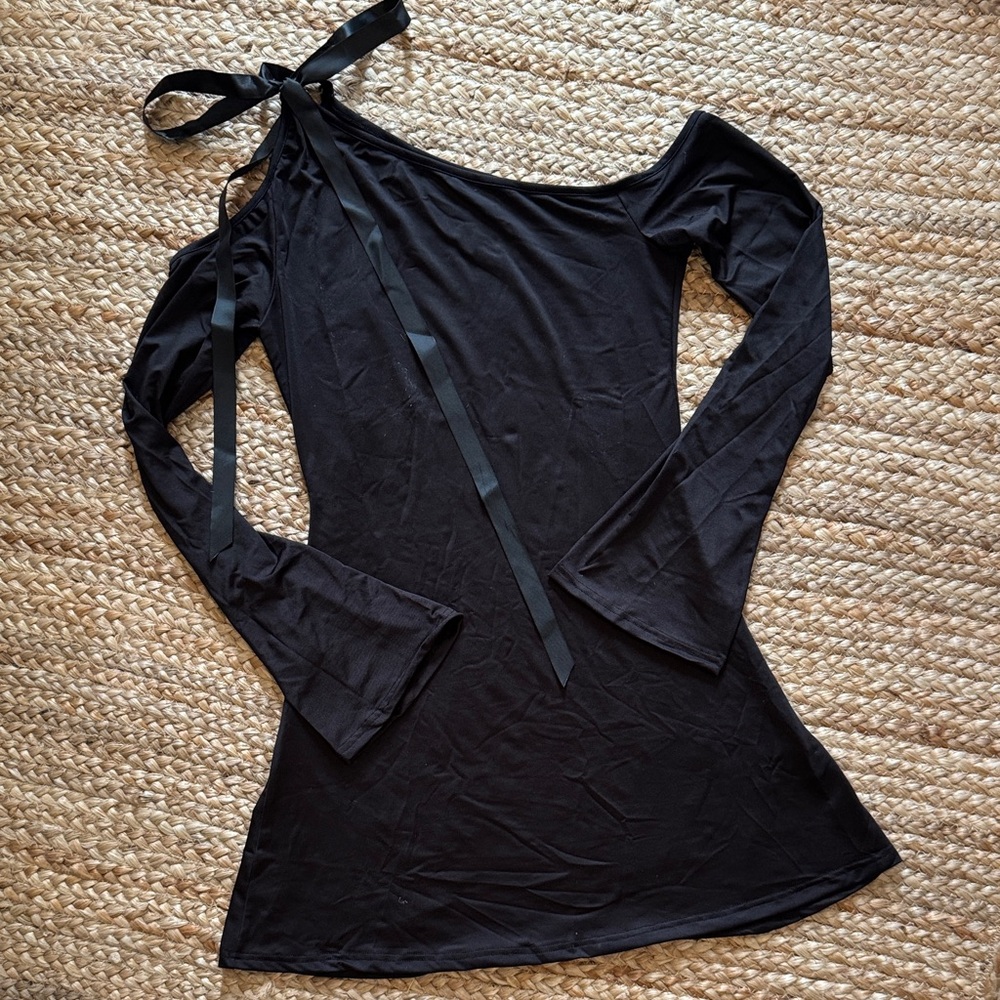 Black Off-Shoulder Dress with Ribbon Detail